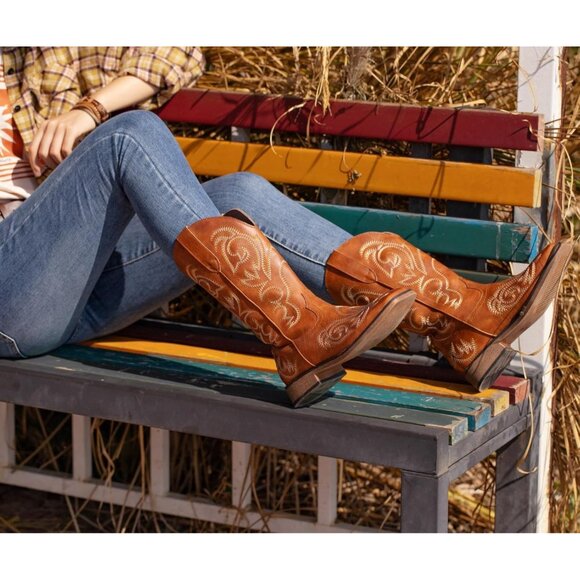 SheSole Western Boots Women's Brown Tan Faux Leather Square Toe Wide Mid Calf - Picture 6 of 8